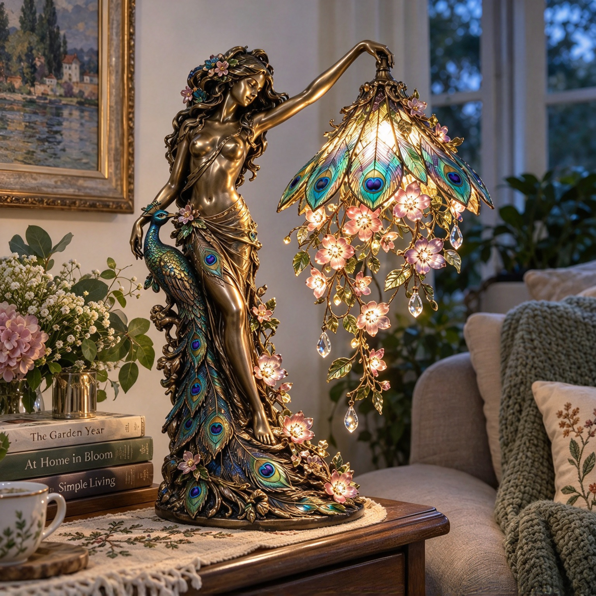 🦚 Peacock Goddess Stained Glass Table Lamp ✨
