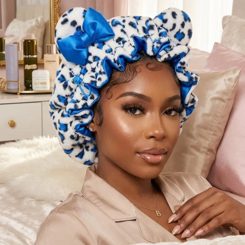 Fluffy Leopard Satin Hair Bonnet with Animal Ears