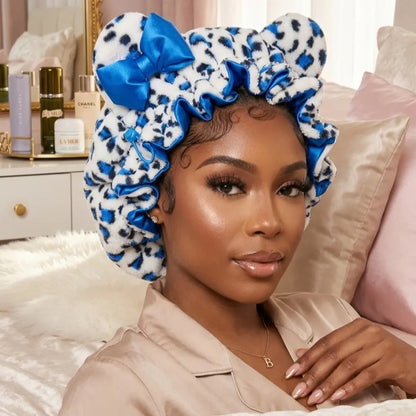 Fluffy Leopard Satin Hair Bonnet with Animal Ears