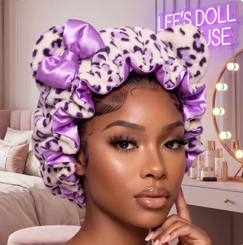 Fluffy Leopard Satin Hair Bonnet with Animal Ears