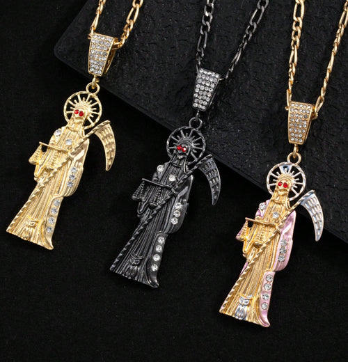 Gothic Santa Muerte Pendant Necklace – Copper Chain, Skull Jewelry Gift for Halloween & Everyday Wear