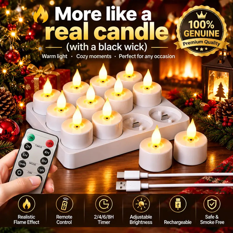 Rechargeable LED Tealight Candles with Remote, Timer & Charging Station