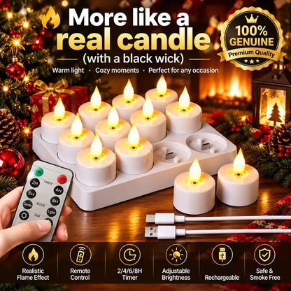 Rechargeable LED Tealight Candles with Remote, Timer & Charging Station