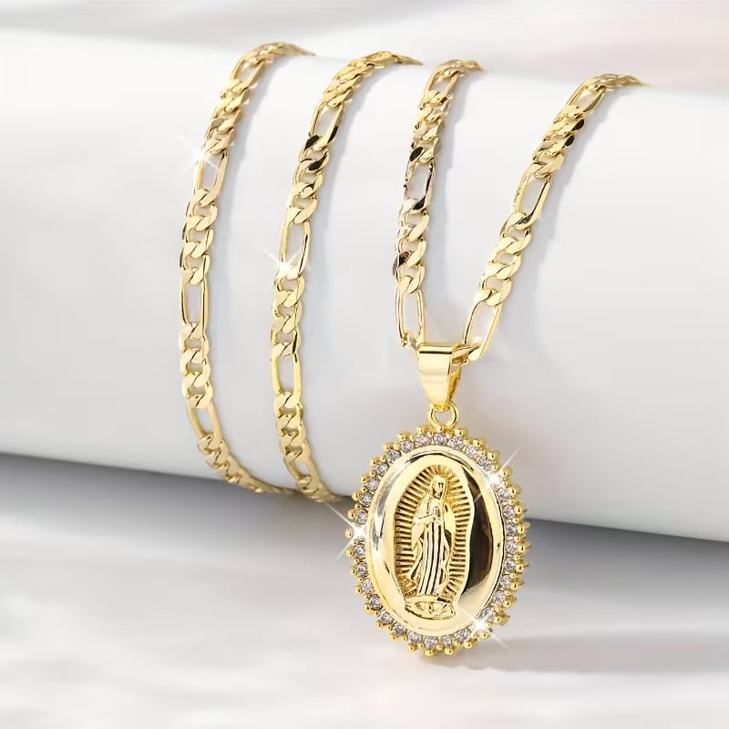 🔥14K Gold Plated Virgin of Guadalupe CZ Pendant Necklace