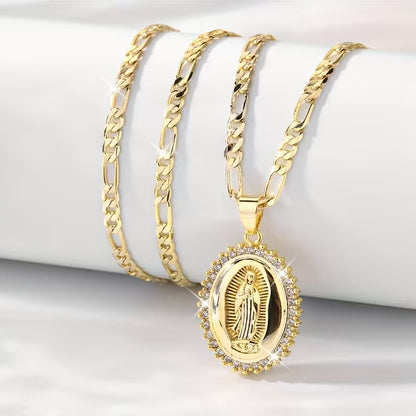 🔥14K Gold Plated Virgin of Guadalupe CZ Pendant Necklace