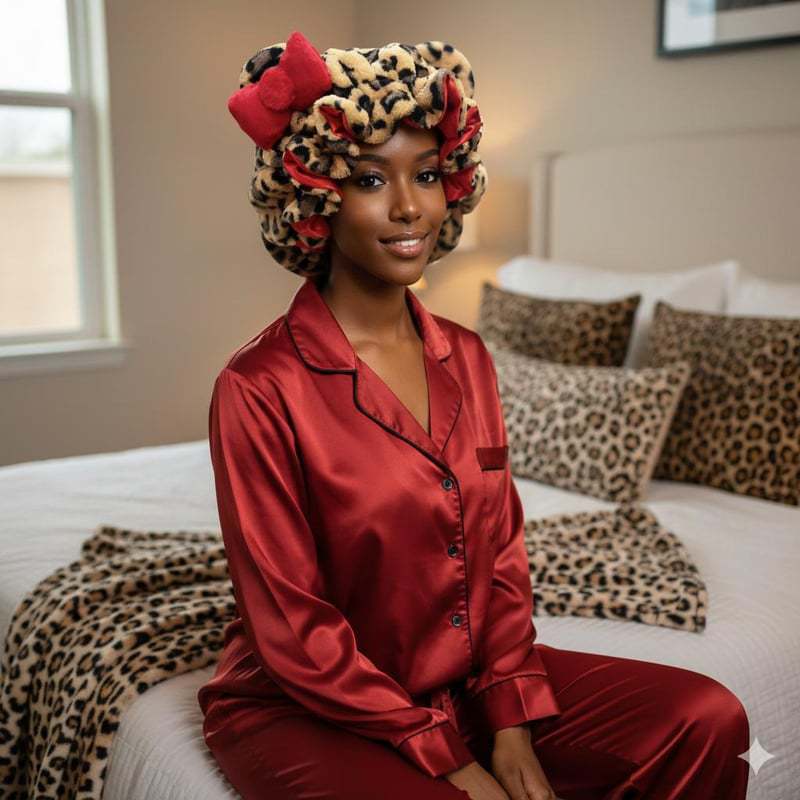 Fluffy Leopard Satin Hair Bonnet with Animal Ears