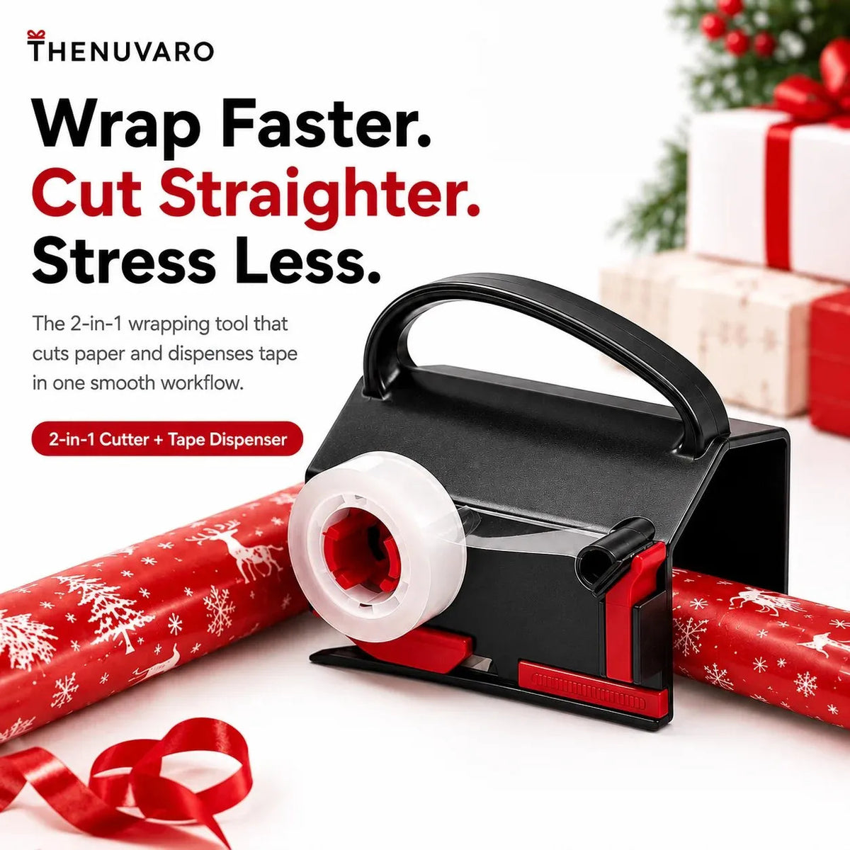 2-in-1 Wrapping Paper Cutter & Tape Dispenser with 4 Tape Rolls & 2 Spare Blades