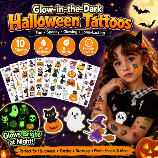 Glow-in-the-Dark Halloween Temporary Tattoos – Waterproof Cartoon Skin Stickers for Kids & Adults, Costume Party & Dress-Up