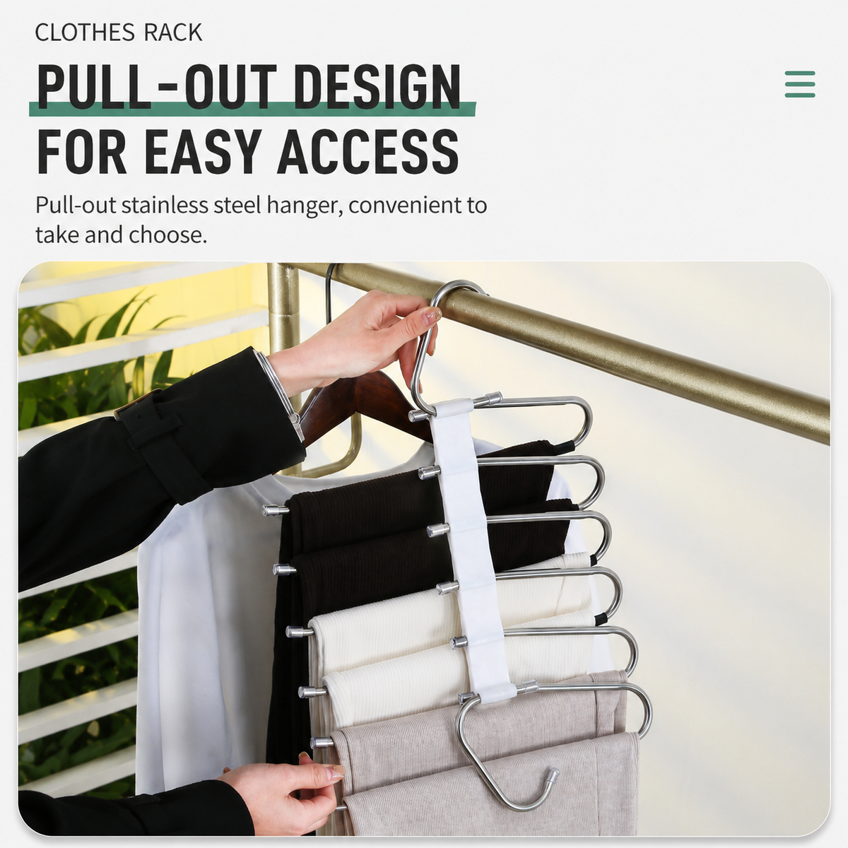 6-Tier Space Saving Pants Hanger with Pull-Out Stainless Steel Rods