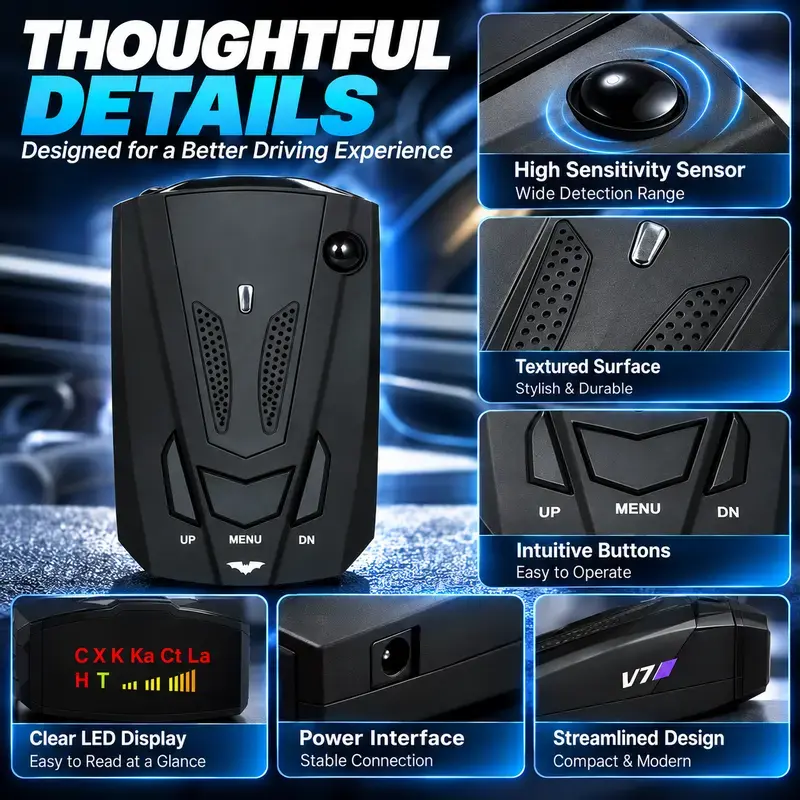 🚗V7 Multi-Band Radar Alert Detector – Voice & LED Alerts with City/Highway Modes