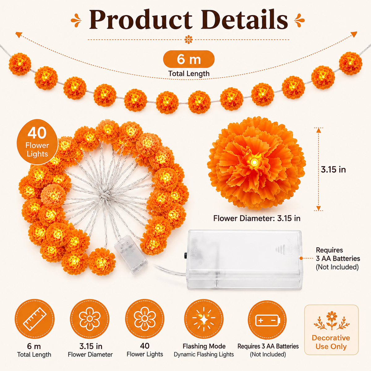 Day of the Dead Marigold LED String Lights-1.5M/3M