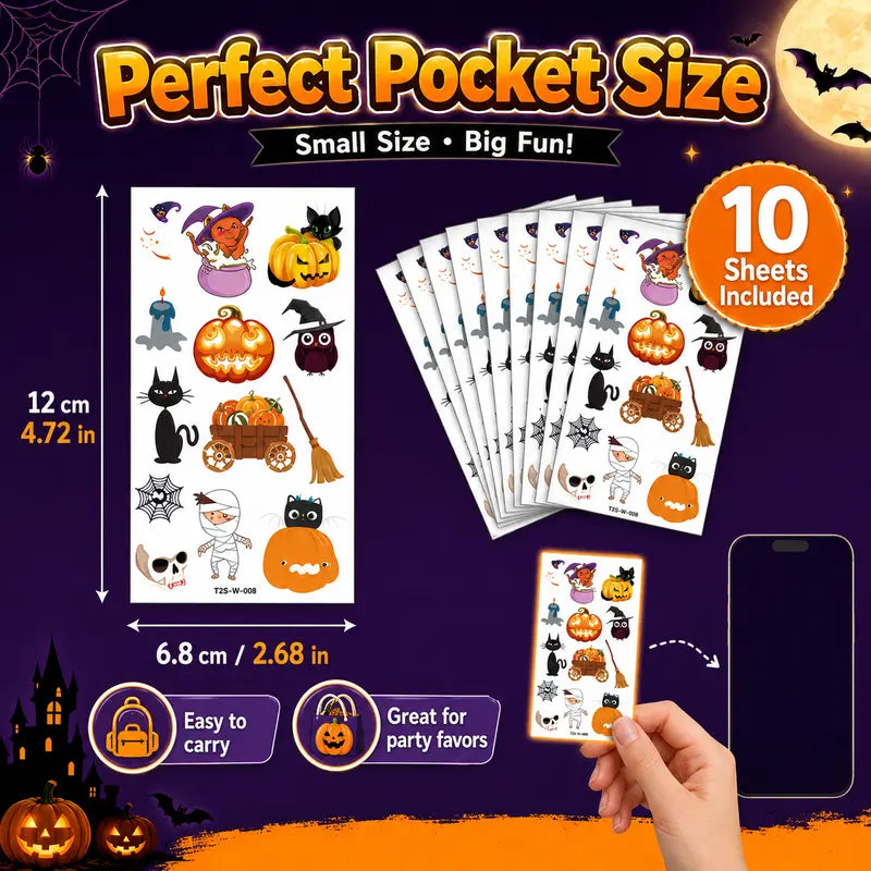 Glow-in-the-Dark Halloween Temporary Tattoos – Waterproof Cartoon Skin Stickers for Kids & Adults, Costume Party & Dress-Up