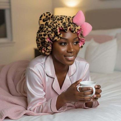 Fluffy Leopard Satin Hair Bonnet with Animal Ears