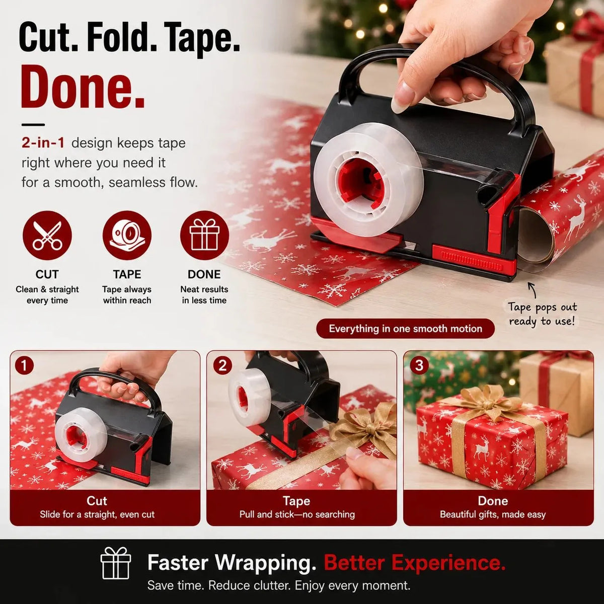 2-in-1 Wrapping Paper Cutter & Tape Dispenser with 4 Tape Rolls & 2 Spare Blades