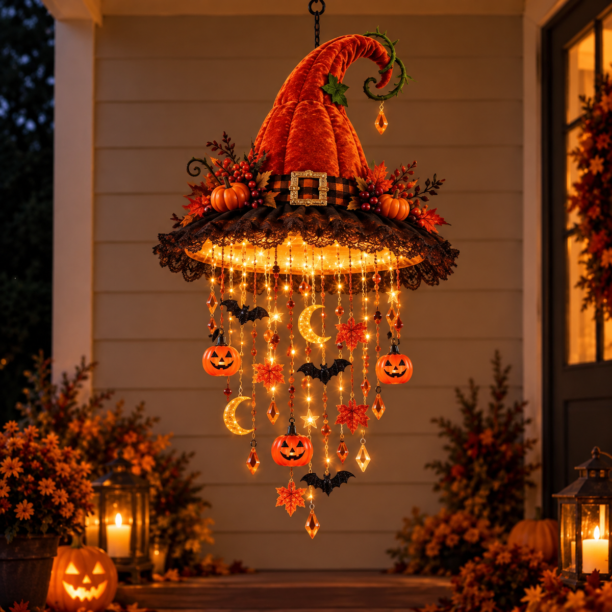 🎄 Lighted Christmas Hanging Chandelier – Tree & Santa Hat Holiday Décor