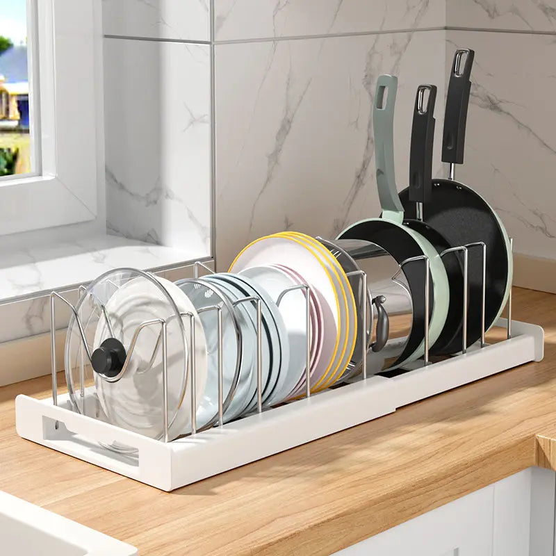 Adjustable 7-Slot Pot Lid & Bakeware Organizer Rack