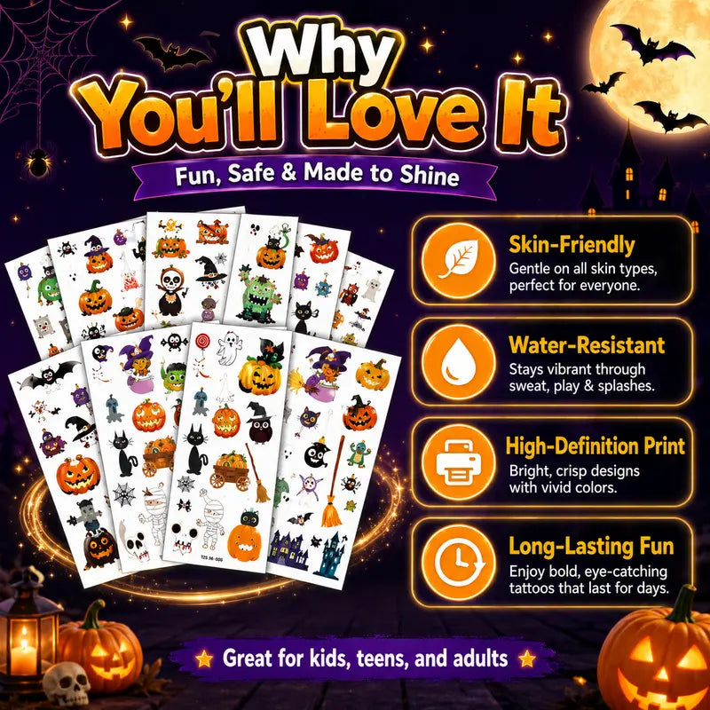 Glow-in-the-Dark Halloween Temporary Tattoos – Waterproof Cartoon Skin Stickers for Kids & Adults, Costume Party & Dress-Up