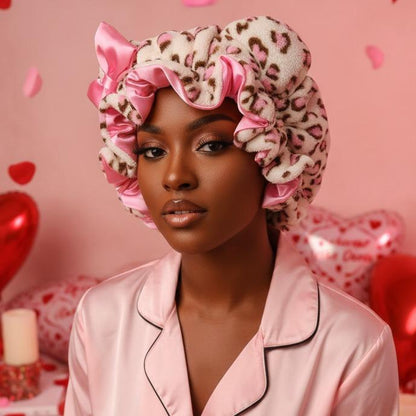 Fluffy Leopard Satin Hair Bonnet with Animal Ears