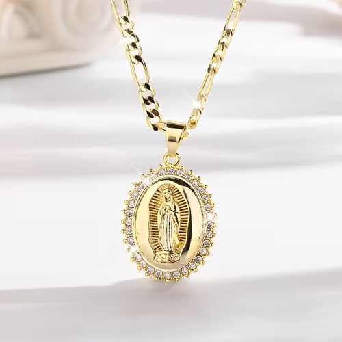 🔥14K Gold Plated Virgin of Guadalupe CZ Pendant Necklace