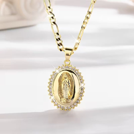 🔥14K Gold Plated Virgin of Guadalupe CZ Pendant Necklace