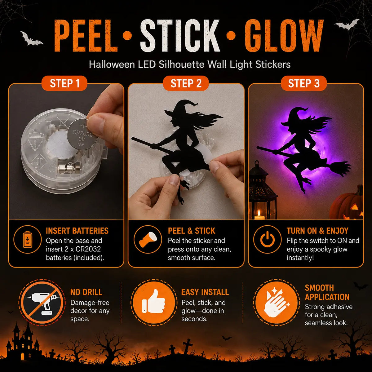 Halloween LED Silhouette Wall Light Stickers for Home Window Door Party