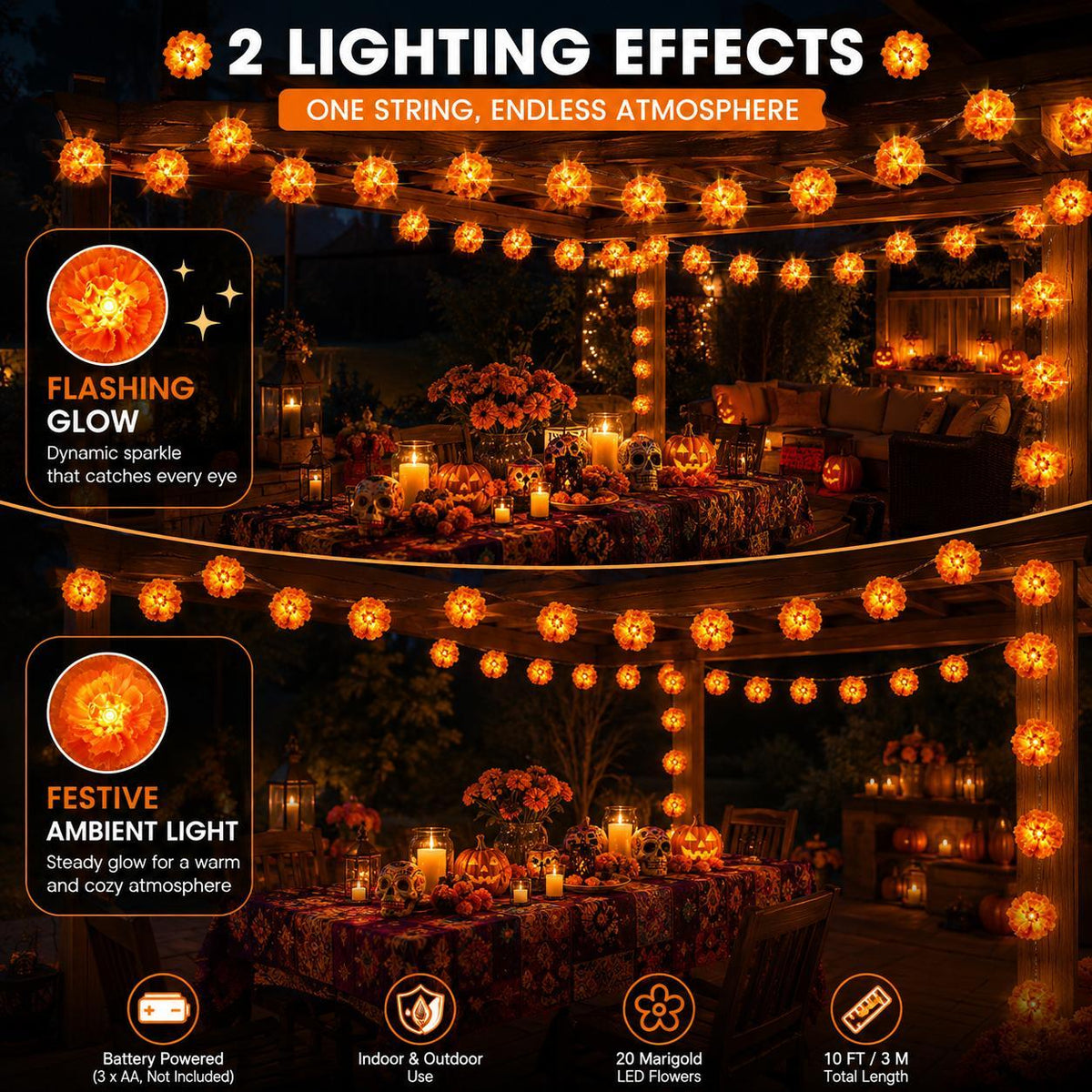 Day of the Dead Marigold LED String Lights-1.5M/3M