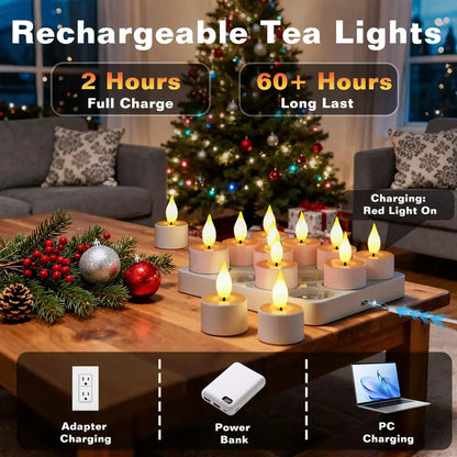Rechargeable LED Tealight Candles with Remote, Timer & Charging Station
