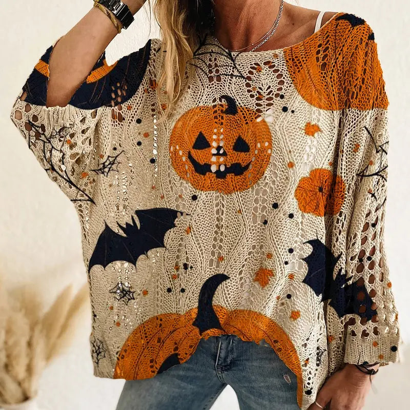 Women's Halloween Pumpkin & Bat Print Knit Pullover