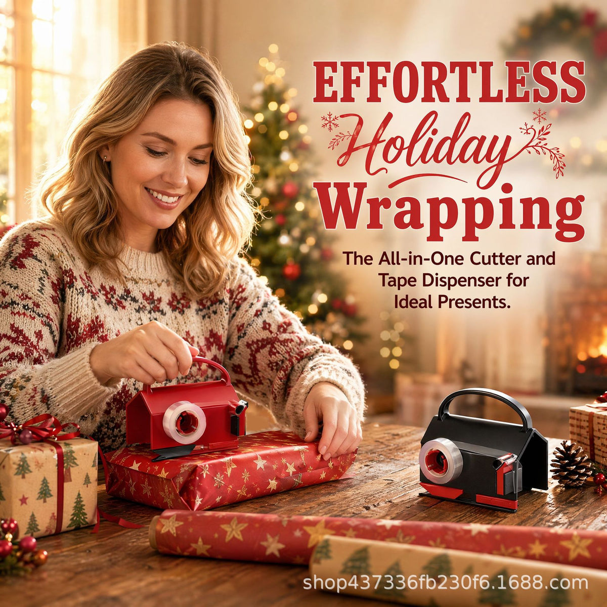 2-in-1 Wrapping Paper Cutter & Tape Dispenser with 4 Tape Rolls & 2 Spare Blades
