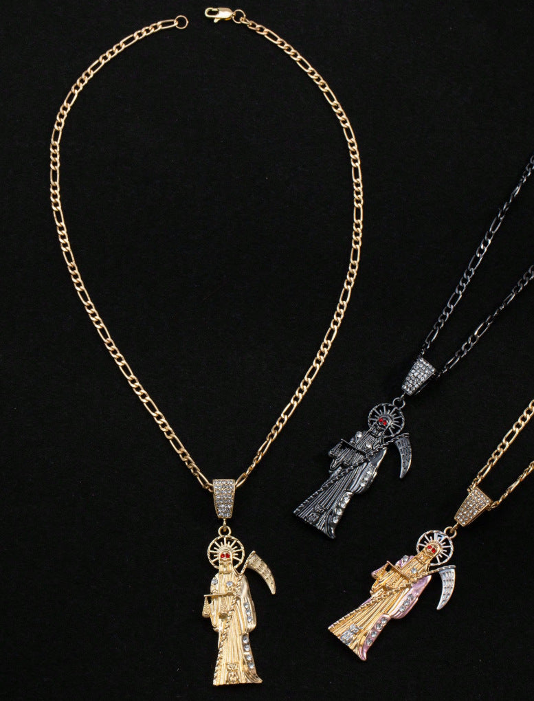 Gothic Santa Muerte Pendant Necklace – Copper Chain, Skull Jewelry Gift for Halloween & Everyday Wear
