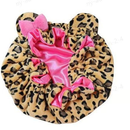 Fluffy Leopard Satin Hair Bonnet with Animal Ears