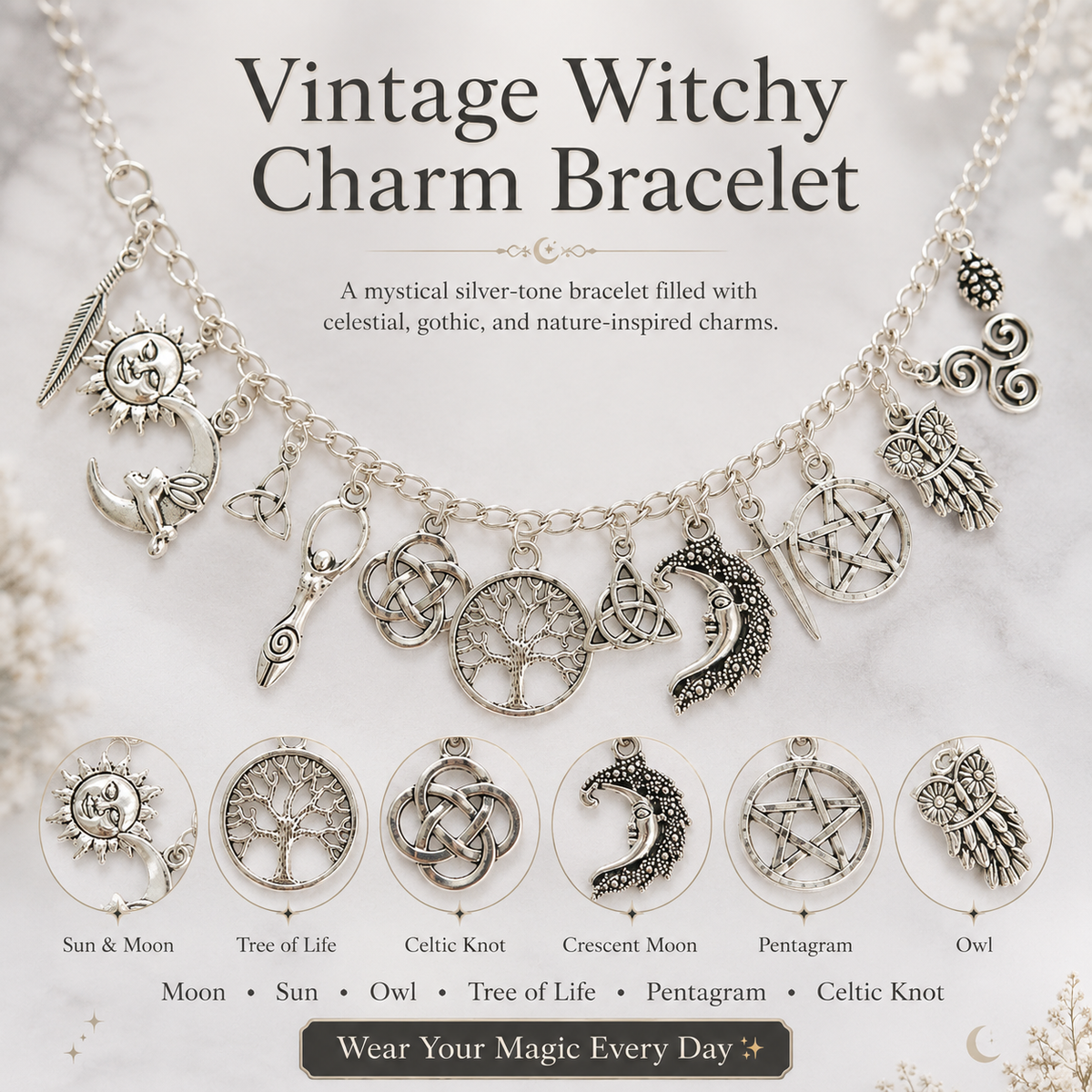 Vintage Witchy Charm Bracelet | Celestial Gothic Boho Jewelry