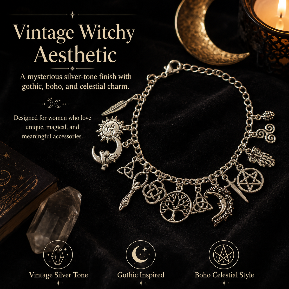 Vintage Witchy Charm Bracelet | Celestial Gothic Boho Jewelry