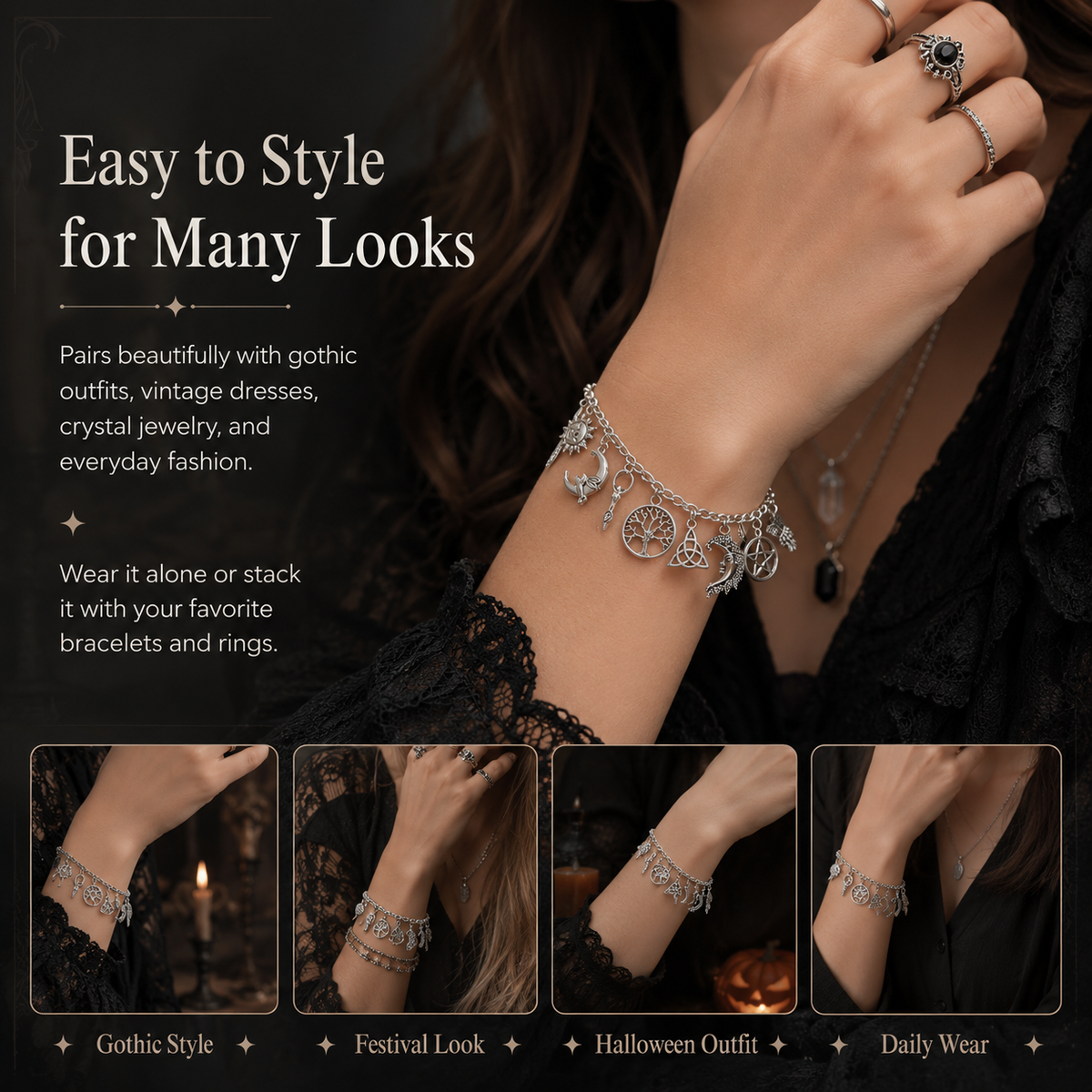 Vintage Witchy Charm Bracelet | Celestial Gothic Boho Jewelry