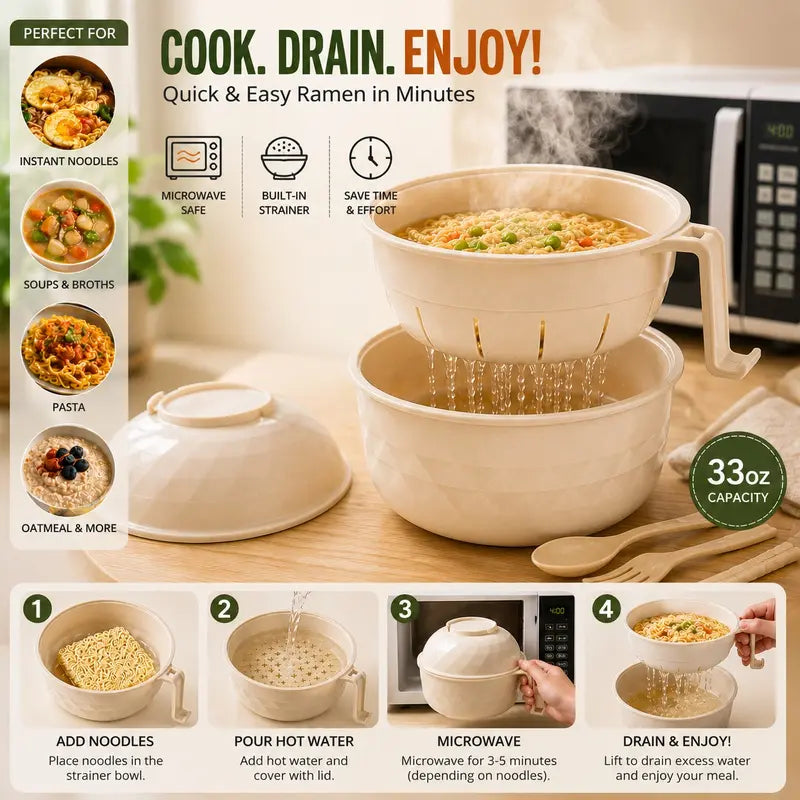 Microwave Ramen Bowl Set with Handle, Spoon, Fork, Chopsticks, 6 Sets