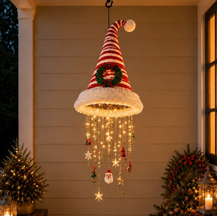 🎄 Lighted Christmas Hanging Chandelier – Tree & Santa Hat Holiday Décor