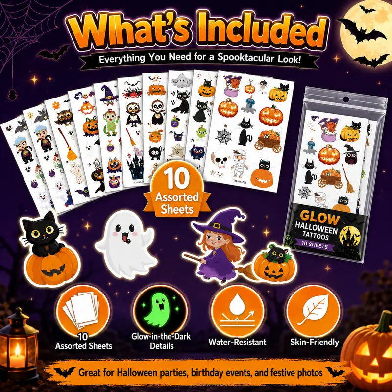 Glow-in-the-Dark Halloween Temporary Tattoos – Waterproof Cartoon Skin Stickers for Kids & Adults, Costume Party & Dress-Up