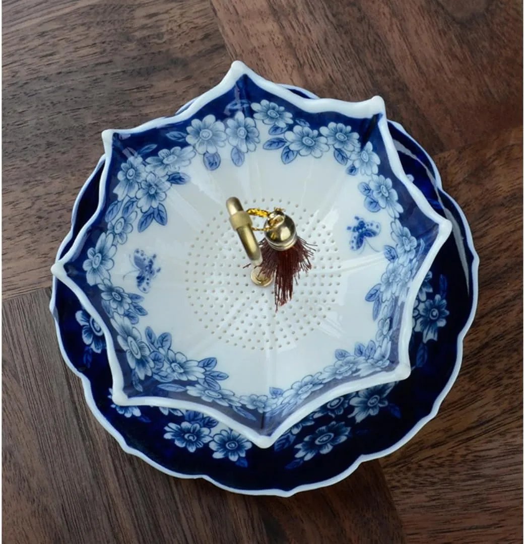Blue-and-White Umbrella Tea Strainer & Filter Set