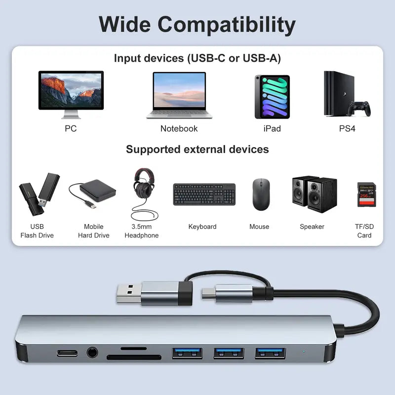 ⚡️8-in-1 USB-C Hub – Fast Charging, USB 3.0 & SD/TF Card Reader