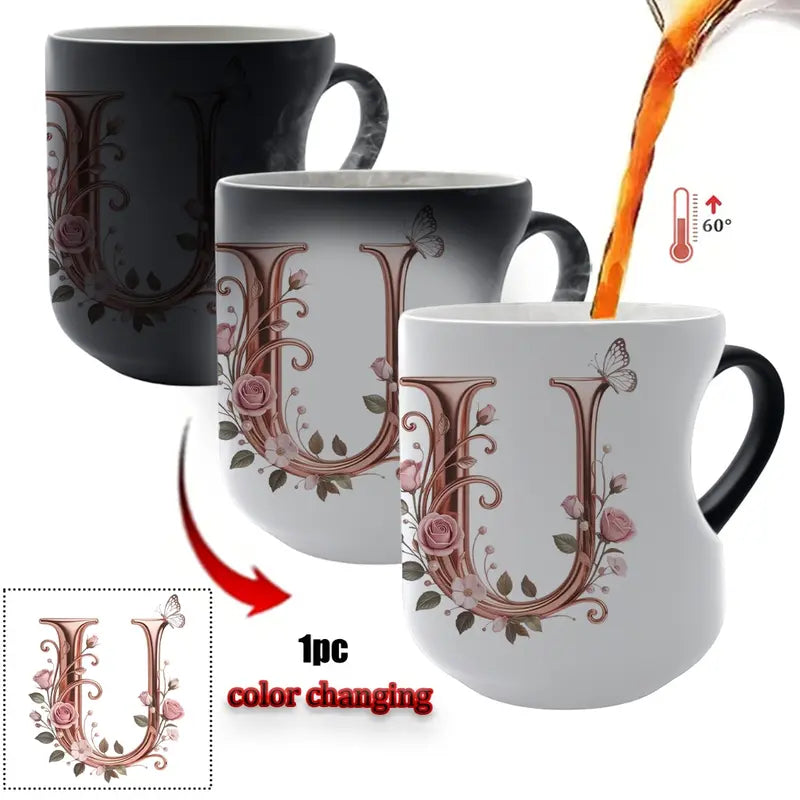 Rose Gold Floral Initial Color-Changing Magic Mug