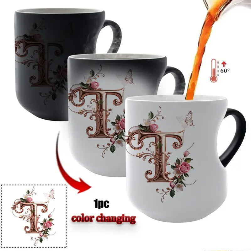 Rose Gold Floral Initial Color-Changing Magic Mug