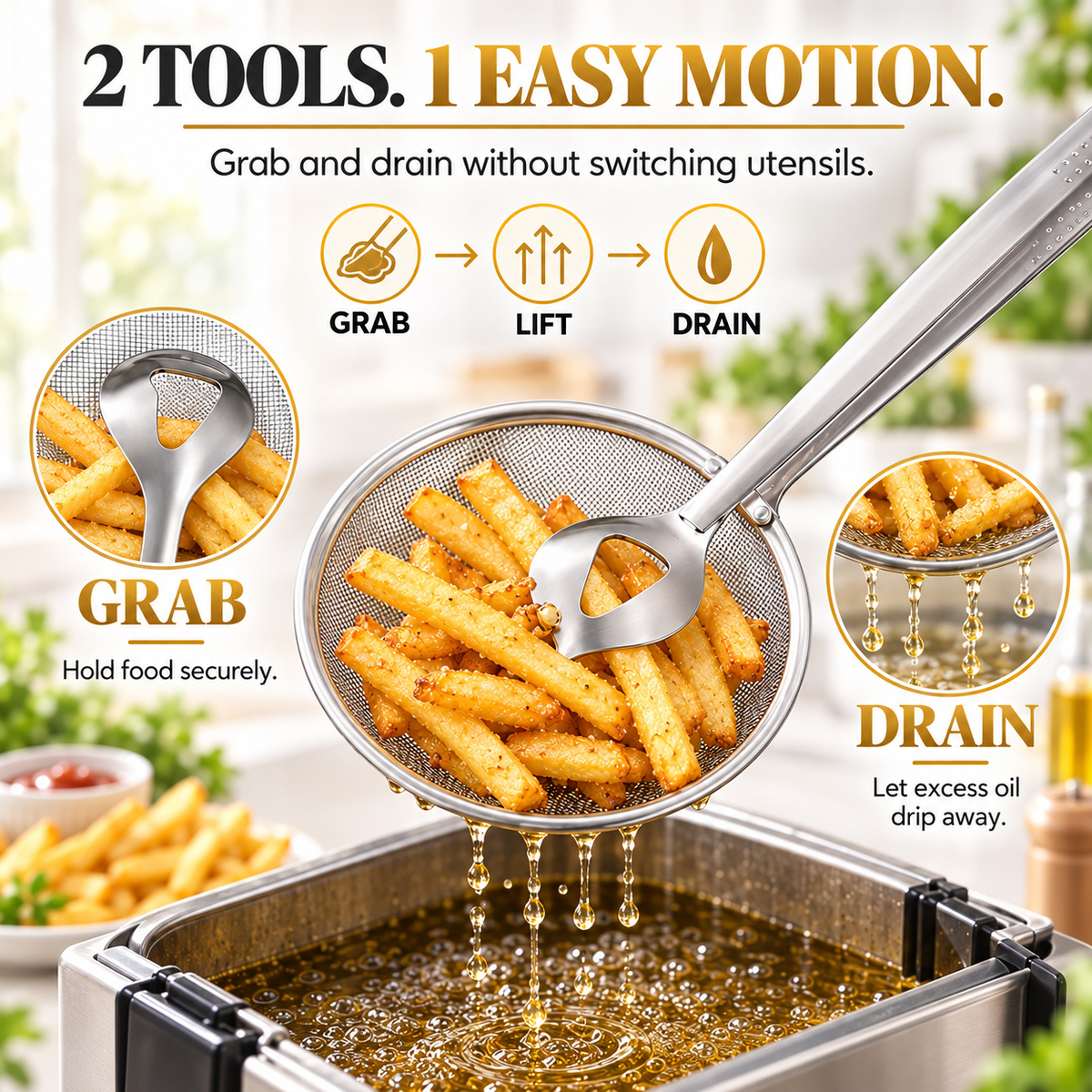 2-in-1 Spider Strainer Tongs – Stainless Steel Frying & Draining Tool