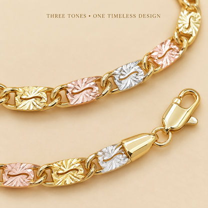 Women's Tri-Tone Mariner Link Bracelet – Floral Engraved Chain