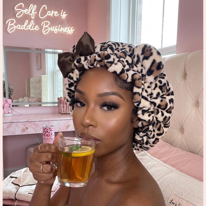 Fluffy Leopard Satin Hair Bonnet with Animal Ears