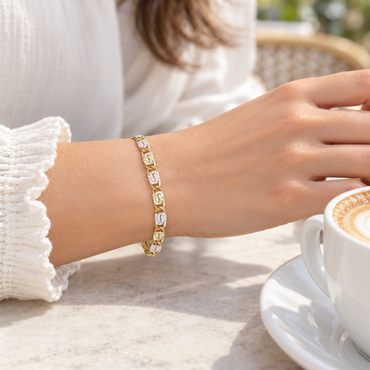 Women's Tri-Tone Mariner Link Bracelet – Floral Engraved Chain