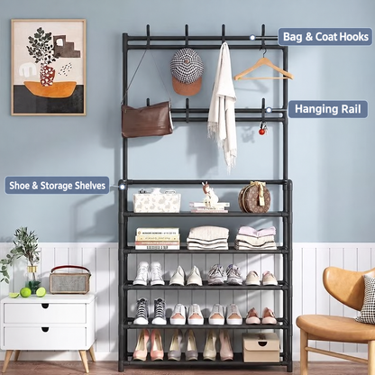 Multi-Tier Shoe & Coat Rack with Hanging Rail and Storage Hooks