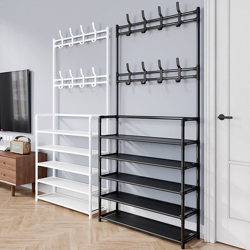 Multi-Tier Shoe & Coat Rack with Hanging Rail and Storage Hooks