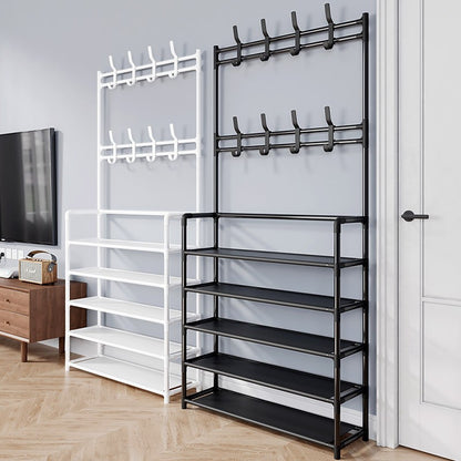 Multi-Tier Shoe & Coat Rack with Hanging Rail and Storage Hooks