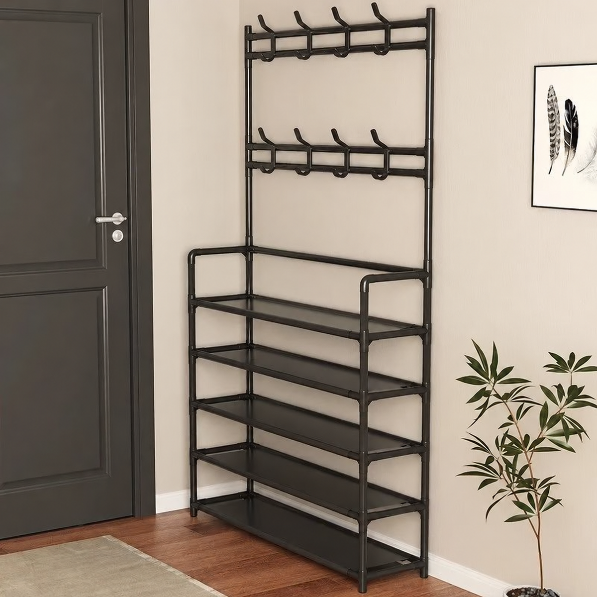 Multi-Tier Shoe & Coat Rack with Hanging Rail and Storage Hooks