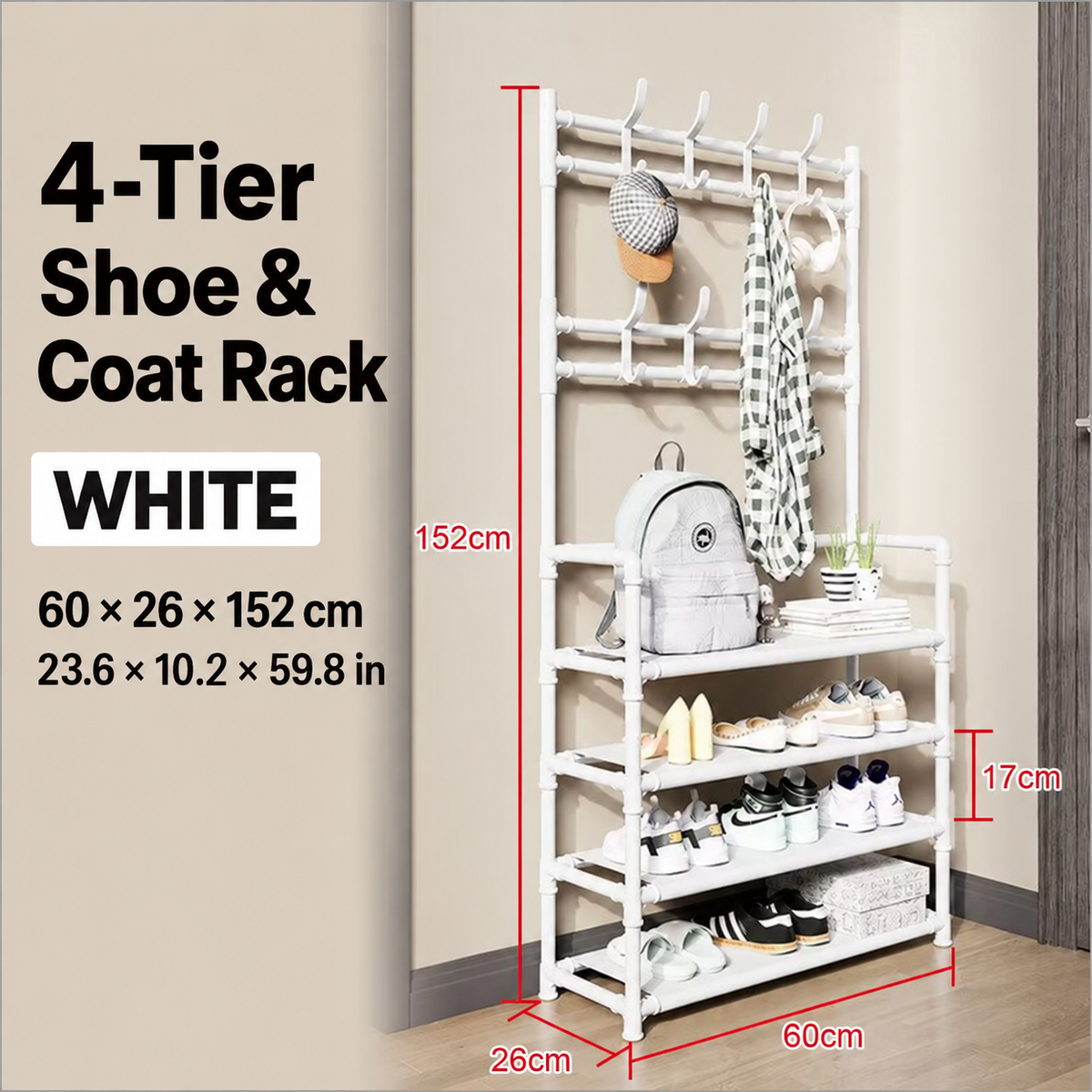 Multi-Tier Shoe & Coat Rack with Hanging Rail and Storage Hooks